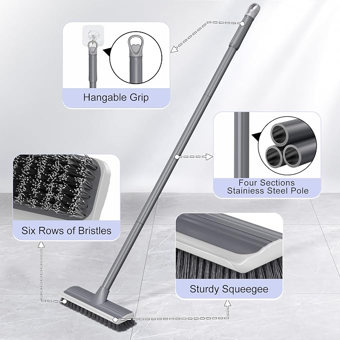 2 in 1 Floor Scrub Brush: Deck Brush with Squeegee | Long Adjustable Handle - 55'' Stiff Bristle Scrape Brush for Deck Patio Garage Shower Bathroom