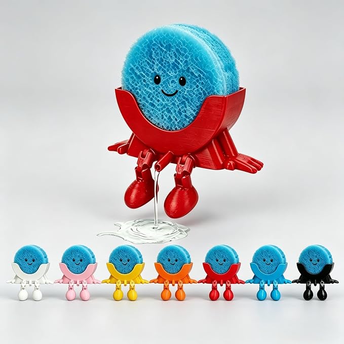 Cute Hanging Sponge Holder with Drainage,3D Printed Kitchen Funny Sponge Stand for Sink,with non-slip pads,Suitable for Scrub Daddy Holder,Keeps Your Sponge Dry Smiling (Red)