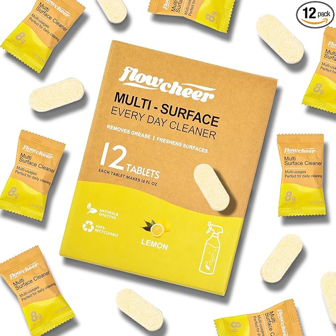 flowcheer Multi Surface Cleaner Refills -12 Pack All Purpose Cleaning Refill Tablet-Makes 192 fl oz Bottles of Spray Cleaner for Household&Kitchen Cleaning (Lemon)