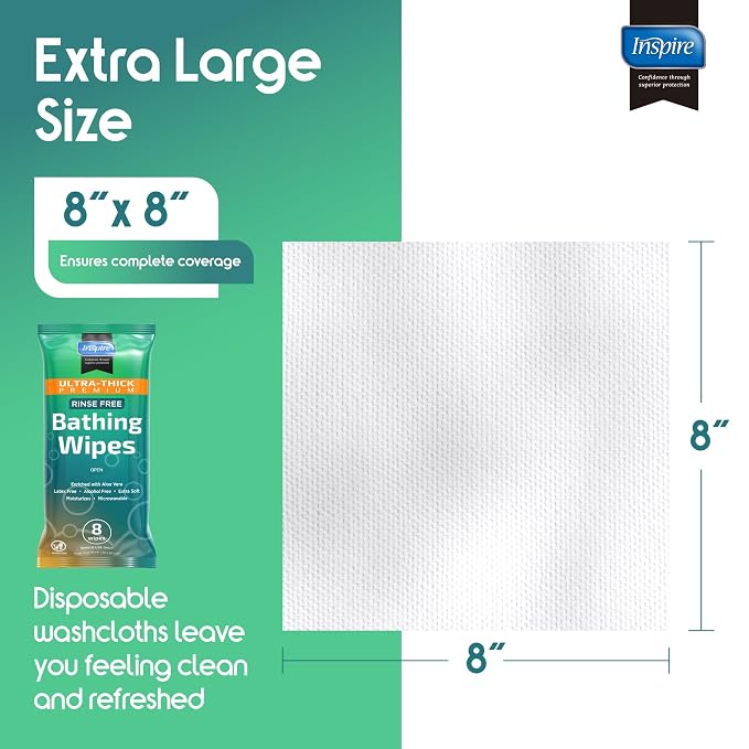 Inspire Ultra Thick Rinse Free Body Wipes, Bathing Wipes, Rinse Free Wet Wipes, Thick Strong Extra Large With Aloe Vera Enriched