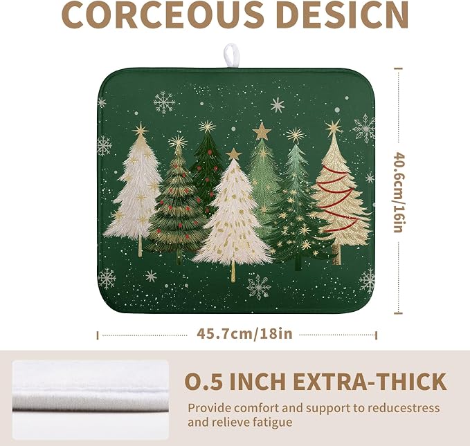 Green Christmas Tree Snowflakes Dish Drying Mat for Kitchen Counter 16x18 Inch Winter Xmas Holiday Dish Rack Mat Absorbent Microfiber Dish Draining Mat Reversible Drainer Pad