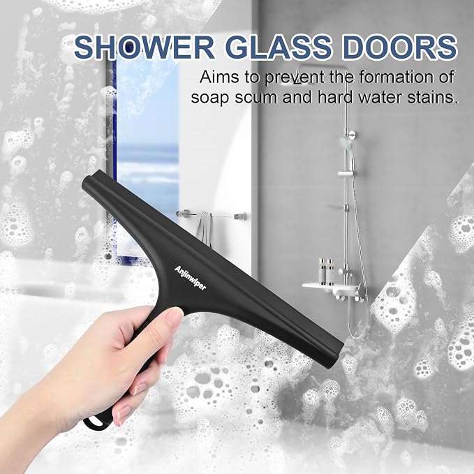 Shower Squeegee for Glass Doors, 10 Inch Bathroom Squeegee for Shower Glass | Streak Free No Squeak, Anti-Rust, All Purpose Glass Squeegee with Hook, for Walls, Mirror, Window, Car, Water & Soap Removal