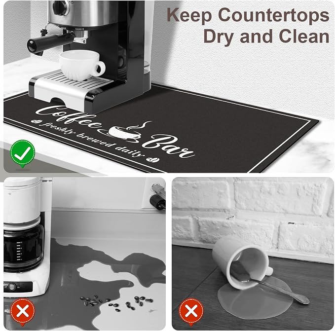 CooRug Absorbent Coffee Mat, Fashion Dish Drying Mat for Kitchen Counter Coffee Bar Accessories Espresso Machine Dish Rack 16" x 24" Black
