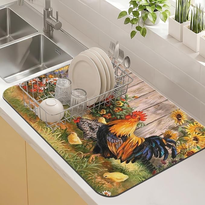 Kitchen Countertop Dish Drying Mat,Super Absorbent Coffee Bar Mat for Maker Espresso Machine, Anti-Slip Accessories for Kitchen Countertops 23x15 Inch