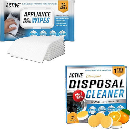 ACTIVE Disposal Cleaner Tablets and Appliance Cleaner Wipes - Includes 24ct Disposal Cleaning Tablets and 24pk Appliance Surface Wipes