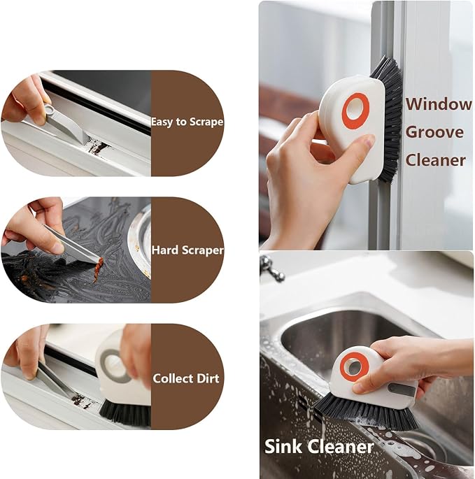 Groove Cleaning Brush 2 in 1 Grout Cleaner Tool Grip Brush Hard Bristle Crevice Cleaning Brush for Sliding Door Track, Window Sill, Window Seal (Orange)