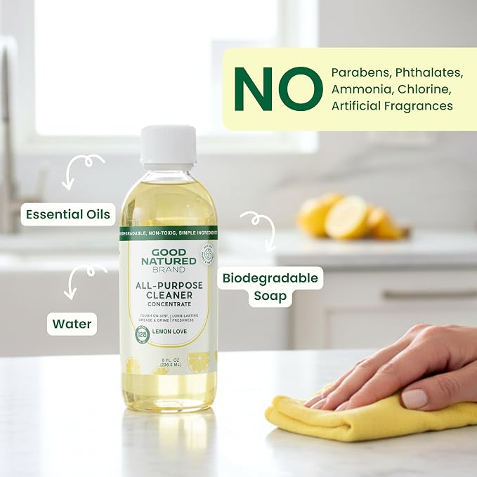 Good Natured Brand All-Purpose Cleaner Concentrate | 8oz makes 128oz | Lemon Essential Oil | 16X Concentrated Natural Multi-Surface Cleaner