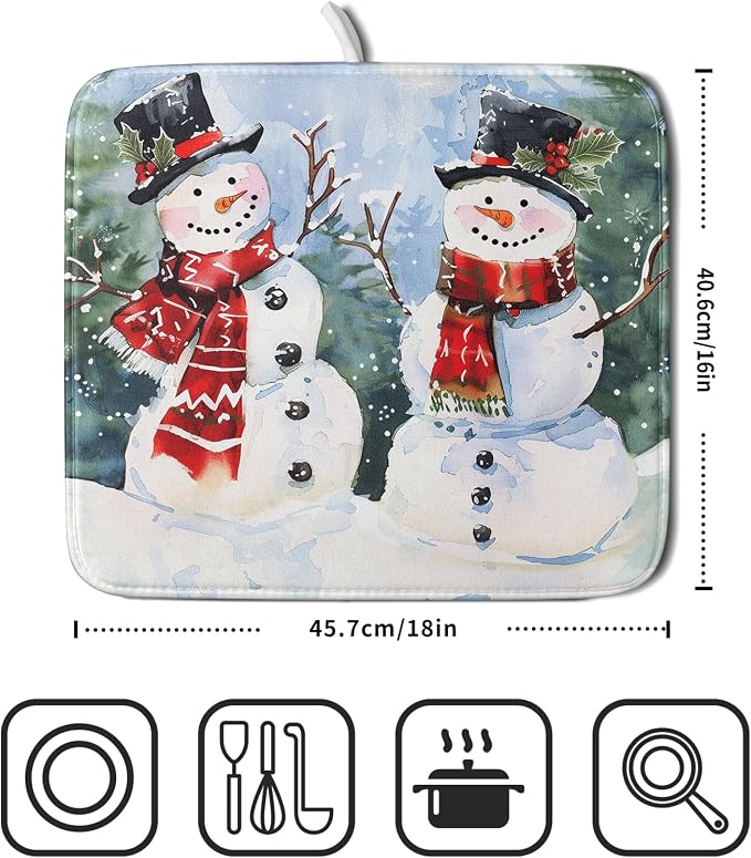 Winter Dish Drying Mat 16 x 18 Inch Xmas Snowman Pattern Dish Drying Pad Absorbent Microfiber Mats for Christmas Dish Rack Pad for Kitchen Counter Coffee Bar Decor