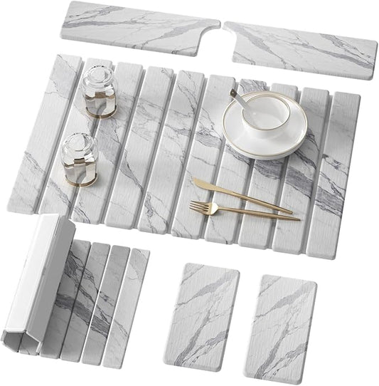 4 Pcs Diatomaceous Earth Dish Drying Mat Set, 24''x16'' Stone Dish Drying Mat, Faucet Mat and 2 Coasters for Kitchen Counter, Super Absorbent Quick Dry Mats for Dishes Bottles Cups