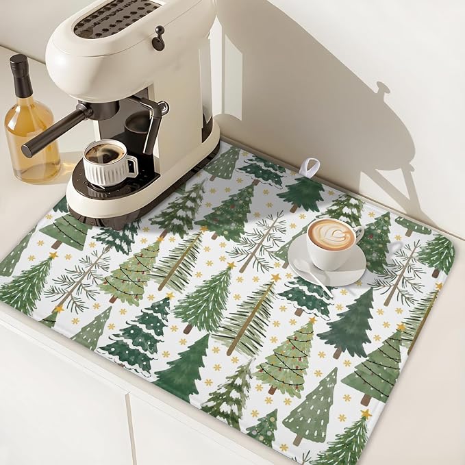 Christmas Dish Drying Mat 18x24 Inch Green Xmas Tree Winter Snowflake | Polyester，Absorbent Microfiber，for Kitchen Coffee Dining Bar Decor