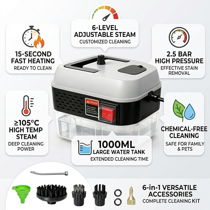 Foandbevi 1200W Handheld Steam Cleaner with 6 Adjustable Levels, 105℃ High-Pressure Portable Steam Cleaning Machine for Car Detailing, Tile Grout, Couch, Mattress, Bed & Home - 6 in 1 Attachments