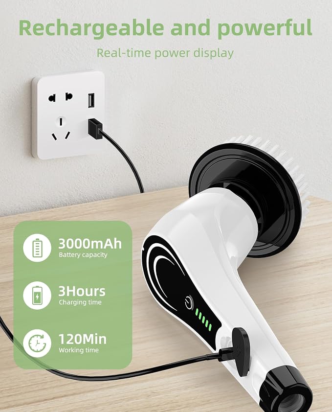 Cordless Electric Spin Scrubber, 8-in-1 Bathroom Cleaner | Bathroom scrubber, LED display, dual speeds, IPX7 waterproof, interchangeable heads for grout, tub, shower, wet-dry vacuum