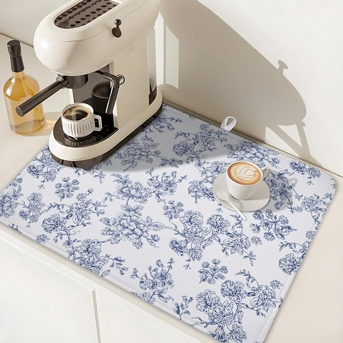 Blue Floral Dish Drying Mat for Kitchen Counter Chinoiserie Flower Microfiber Dish Drainer Mat Vintage Rustic Elegant Absorbent Washable Drying Pad Extra Large 18"x24"