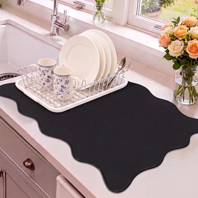 Nuanchu Black Scalloped Dish Drying Mat for Kitchen Counter, Waterproof Easy Clean Non-slip Coffee Bar Station Accessories, Trendy Cute Aesthetic Modern Drainer Kitchen Drying Mat, 12" x 19"