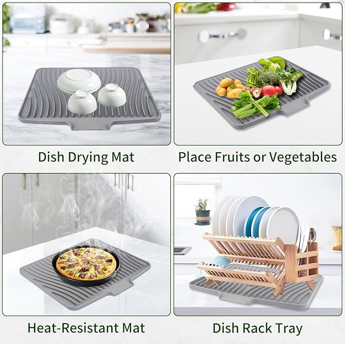 Silicone Dish Drying Mat 16x13,Food-Grade Silicone,Easy Clean Pad for Countertop Protection,Heat Resistant,Easy Clean,Non-Slip Drain Pad with Built-in Drain,Multi-Functional Use,Grey