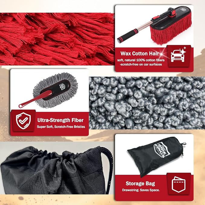 Exterior Car Duster & Brush Kit - Extendable，Wax Cotton | Telescoping auto mop traps pollen scratch-free. Combo with inside detailing tools & bag. Gift for SUV, truck, motorcycle.