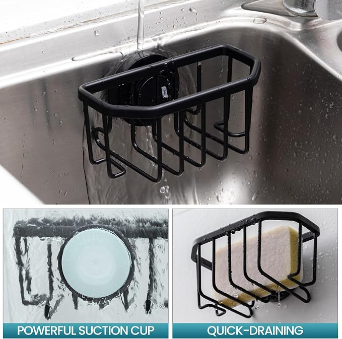 TAILI Sponge Holder for Kitchen Sink with Strong Suction Cup, Rustproof Aluminum Sink Caddy for Sponges, Brushes, Stoppers & Scrapers, Black