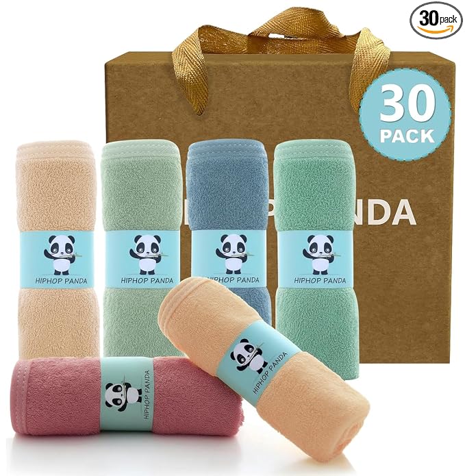 HIPHOP PANDA Baby Washcloths, Rayon Made from Bamboo - 2 Layer Ultra Soft Absorbent Newborn Bath Face Towel - Reusable Baby Wipes for Delicate Skin - Pastel Macaron, 30 Pack