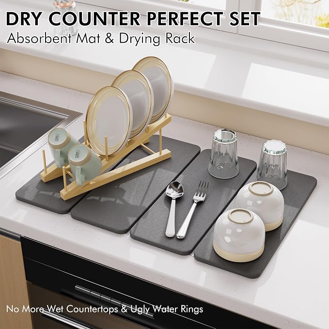 Stone Dish Drying Mat for Kitchen Counter, 24x16 Inch Super Absorbent Diatomaceous Earth Dish Drying Mat with Bamboo Dish Rack, Collapsible Fast Dry Drying Mat for Utensils Dishes Cups