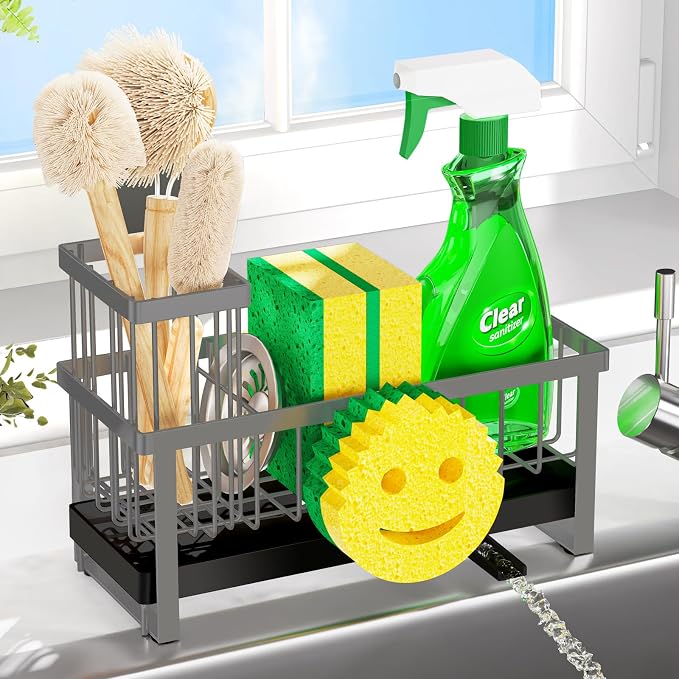 Sponge Holder for Kitchen Sink,Sink Caddy with Removable Dish Brush Holder,Self-Draining Kitchen Countertop Organizers and Storage Essentials,Soap Dispenser Organize and Home Decor-Gray