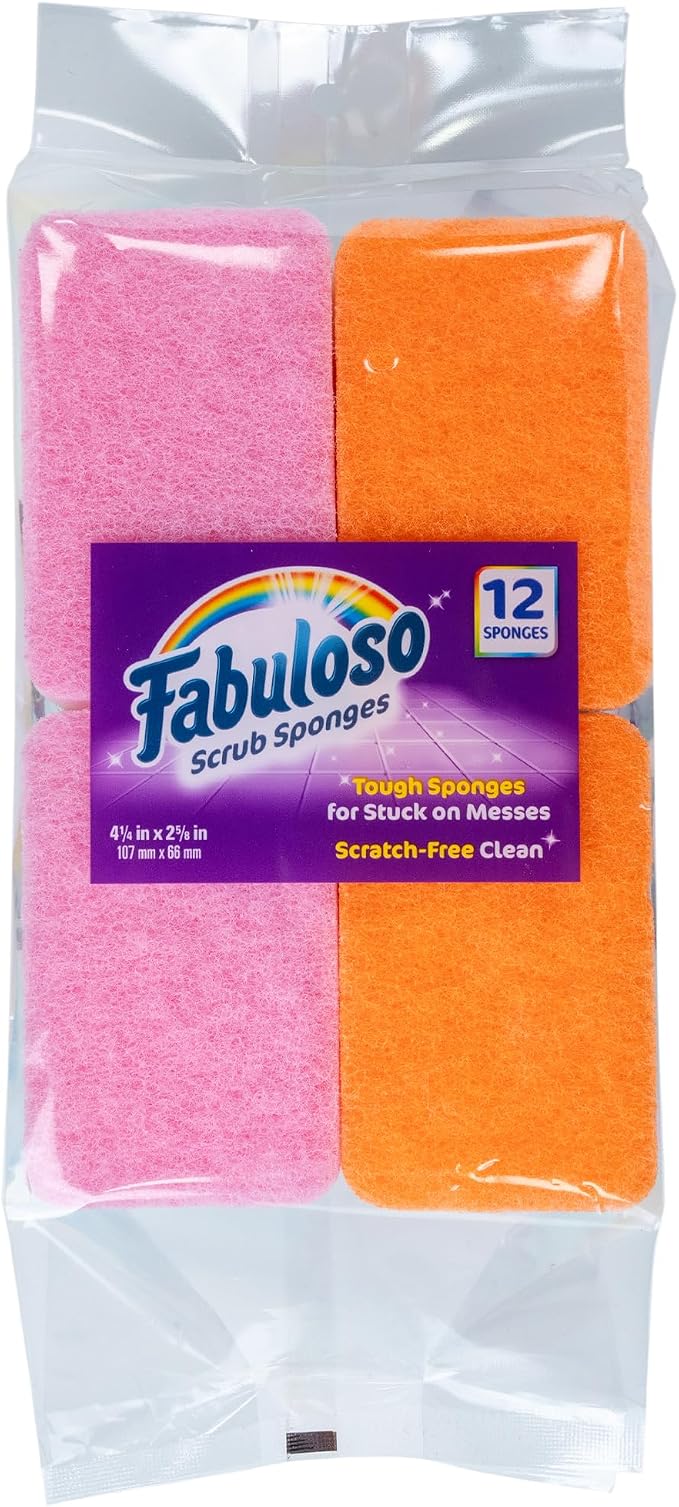 Fabuloso Scratch-Free Kitchen Dish Sponges, Rainbow Cellulose Scrubber Sponge with Scouring Pad for Dishes, Pots, Pans, Counters and Sinks, Tough on Messes, 4.25 x 2.75 x 1.25 in, 12 Count