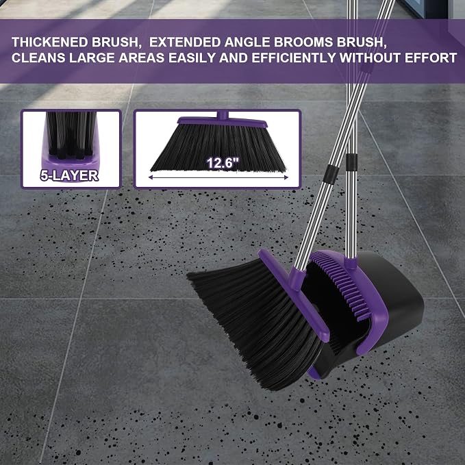 Broom and Dustpan Set with Long Handle, 55" Broom, Pet Hair Rubber Lip Upright Dustpan with Built-in Comb, Standing Dust Pan Set for Home Kitchen Office Indoor Outdoor