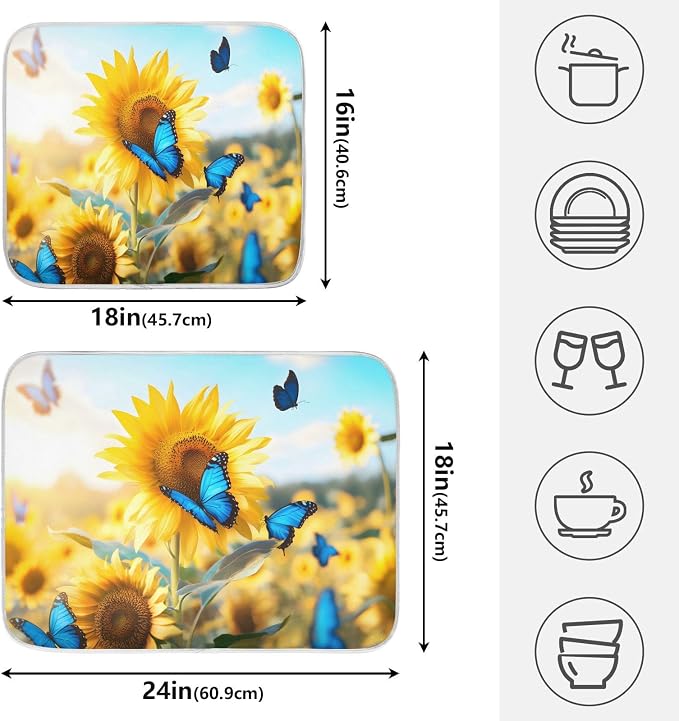 Blooming Sunflowers Blue Butterfly03 Dish Drying Mat for Kitchen Counter Absorbent Microfiber Large Drying Pad Dish Mats for Kitchen Countertops 18 x 24 Inch
