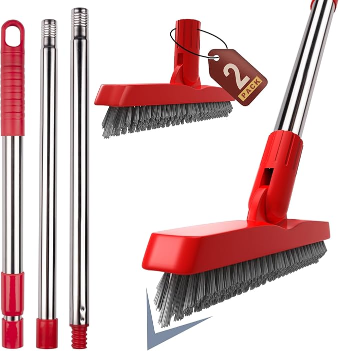 2 Pack Grout Brush with Long Handle, Swivel Cleaning Grout Line Scrubber - Extendable Durable Handle Grout Cleaner Brush for Bathroom,Tile,Baseboard,Walk in Shower,Corner & Narrow Space (Red)