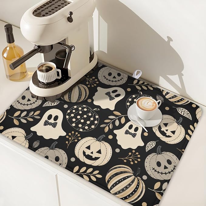 Halloween Dish Drying Mat for Kitchen Counter 18 x 24 Inch Pumpkin Ghost Dish Drainer Mat Absorbent Microfiber Autumn Leaves Dish Rack Pad for Coffee Dining Bar Decor