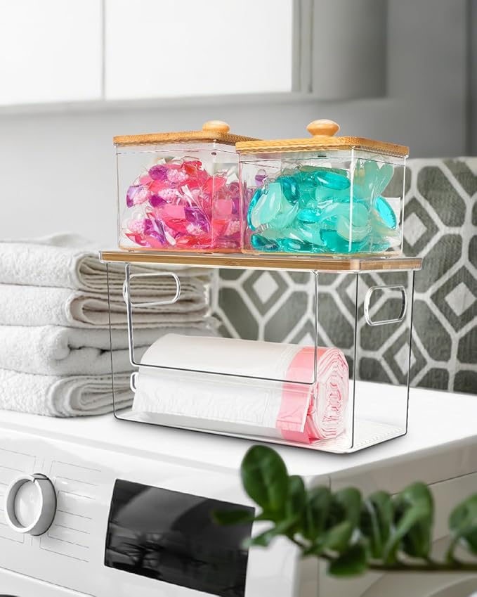 Trash Bag Dispenser 2 Pack - Under Sink Organizer, Plastic Bag Holder, Stackable Acrylic Garbage Bag Storage with Bamboo Lid for Kitchen Cabinet, 13/30/33 Gallon Grocery Bag Dispenser