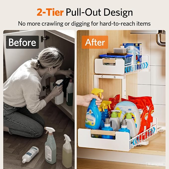 Delamu Under Sink Organizer 2 Pack, Pull Out Cabinet Organizer for Kitchen Sink, 2 Tier Metal Slide Out Shelf Caddy for Bathroom Storage, 5 Adjustable Heights for Pantry & Laundry Room, White
