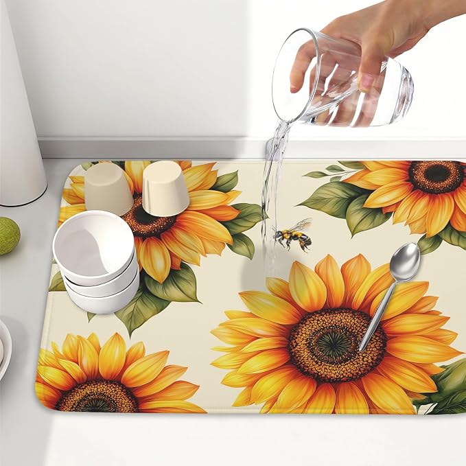 Sunflower Dish Drying Mat 18x24 Inch Absorbent Reversible Summer Drying Mat Sunflower Bee Dish Drying Rack Mat Yellow Summer Themed Dish Drainer Mat for Kitchen Counter Coffee Bar