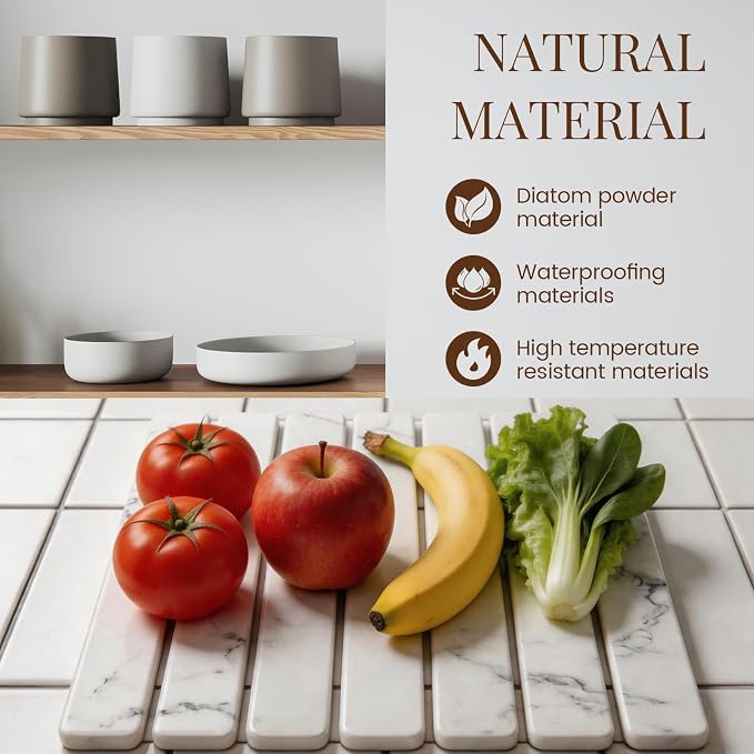 Large Stone Dish Drying Mats for Kitchen Counter 16"(L)×12"(W) Foldable Quick Dry Stone Dish Drying Mats Kitchen Absorbent Diatomaceous Earth Drying Stone Mat for Dishes Bottles Cups Marble White