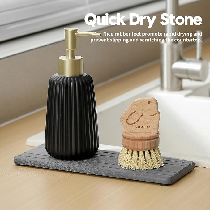 Razborci 2PCS Diatomite Quick Stone Drying Tray Mat For Bathroom & Kitchen Counter, Instant Dry Water Absorbent Drink Bar Coaster,Vanity Sink Caddy Organizer,Dish Soap Sponge Holder, Dark Gray,9"x3.5"