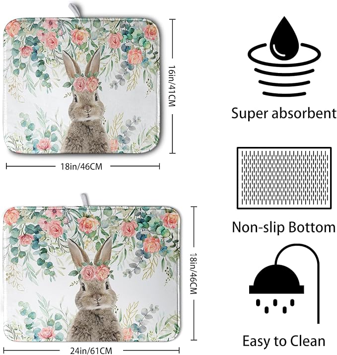 Easter Rabbit Dish Drying Mats for Kitchen Counter Easter Spring Watercolor Floral Bunny Absorbent Dish Drying Mat 16x18 Inch Absorbent Reversible Reusable Washable Dishes Drainer Mats