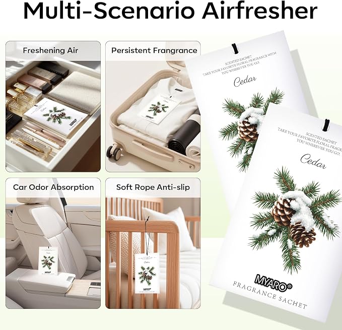 MYARO 12 Pack Cedarwood Scented Sachets for Drawer, Closet & Small Spaces Air Freshener Bags, Odor Eliminator for Car, Shoes, Gym Bag Home Fragrance Gift Set