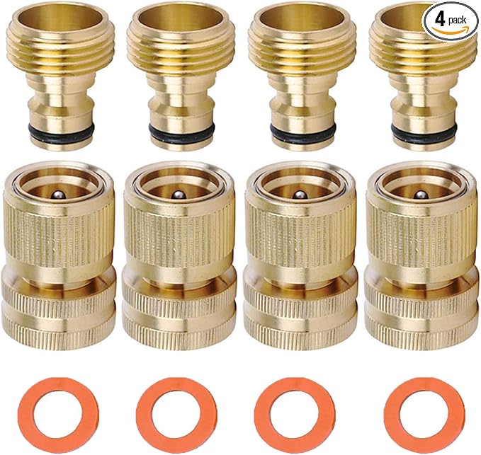 Brass Hose Quick Connect, 3/4 Inch GHT Garden Hose Quick Connector | No-Leak Water Hose Quick Connect Fittings Male and Female - 4Packs
