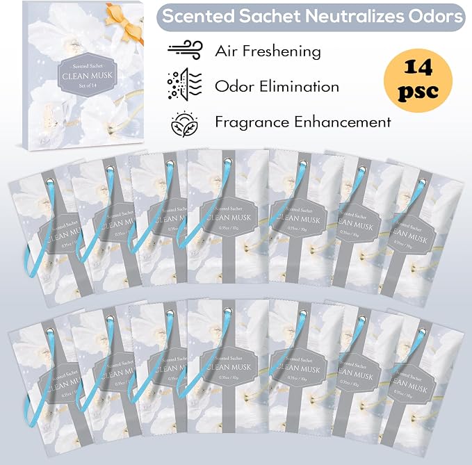 SCENTORINI Scented Sachets for Drawer and Closet, Pure Musk Scent 14 Pack | Long-Lasting Sachets Bags Gift Set, Wardrobe Freshener for Dresser, Closet, Clothes Storage, Suitcases, Gym Bag, Locker