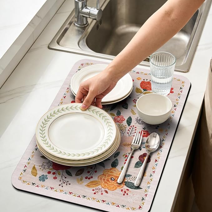 Vintage Floral Dish Drying Mat 16x18 Inch, Dish Mat Drying Kitchen Mats for Extra Large Absorbent Countertop, Aesthetic Boho Drying Matt Kitchen Counter Washable Heat Resistant Dish Drainer Rack Mat