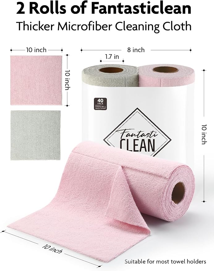 Fantasticlean Kitchen Towels Roll, 40 Sheets, 10''x 10'' (Pink, Grayish) | Tear-away Dish Towels for Kitchen, Ultra Absorbent, Lint-free, Premium Microfiber Cleaning Cloths, for All-Purpose Cleaning