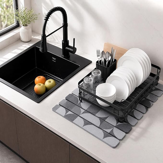 Large Stone Dish Drying Mat for Kitchen Counter, Quick Dry Diatomaceous Earth Dish Drying Pad, Foldable Water Absorbing Organizer Pad for Plates Bottles Utensils (Dark Gray Geometric 24"×16" & 8"×4")