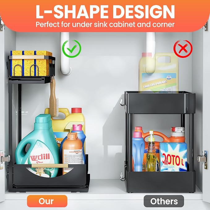 2 Pack 2 Tier Under Sink Organizer and Storage for Bathroom and Kitchen - Under Cabinet Pull Out Shelf Organizers - Sliding Out Drawer Organization for Home Cabinets Shelves and Drawers