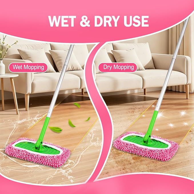 8 Pack Reusable Mop Pads Compatible with Swiffer Sweeper, Dry Sweeping Cloths & Wet Mopping Cloths - Microfiber Mop Pads for Hardwood Floors, Floor Cleaning, Wood Floors (Pink)