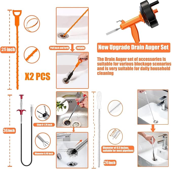Drain Snake, Auto Feed Plumbing Snake with Drill Attachment, 25 Feet Flexible Drain Auger Tool Set Included Drain Clog Remover, Hair Clog Remover ＆ Cleaning Brush | for Kitchen, Bathroom and Shower Sink with Gloves