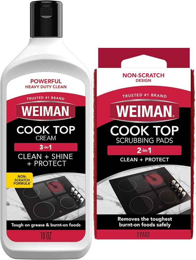 Weiman Ceramic and Glass Cooktop Cleaner - Heavy Duty Cleaner and Polish (10 Ounce Bottle and 3 Scrubbing Pads)