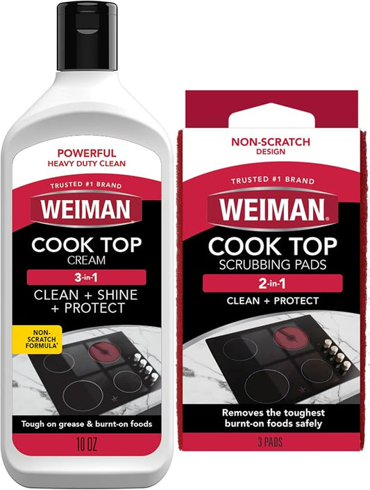 Weiman Ceramic and Glass Cooktop Cleaner - Heavy Duty Cleaner and Polish (10 Ounce Bottle and 3 Scrubbing Pads)