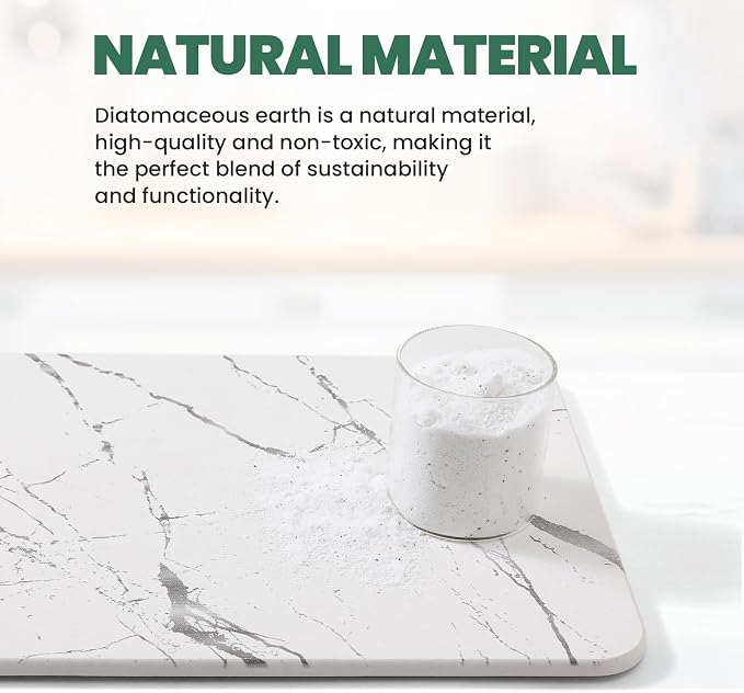 WALL 2 Pack Quick Dry Stone Drying Mat for Kitchen Counter, Water-Absorbent Diatomaceous Dish Drying Mats, Multi-Purpose Stone Drying Tray for Cups Dishes Bottles, Pearl White-Marble