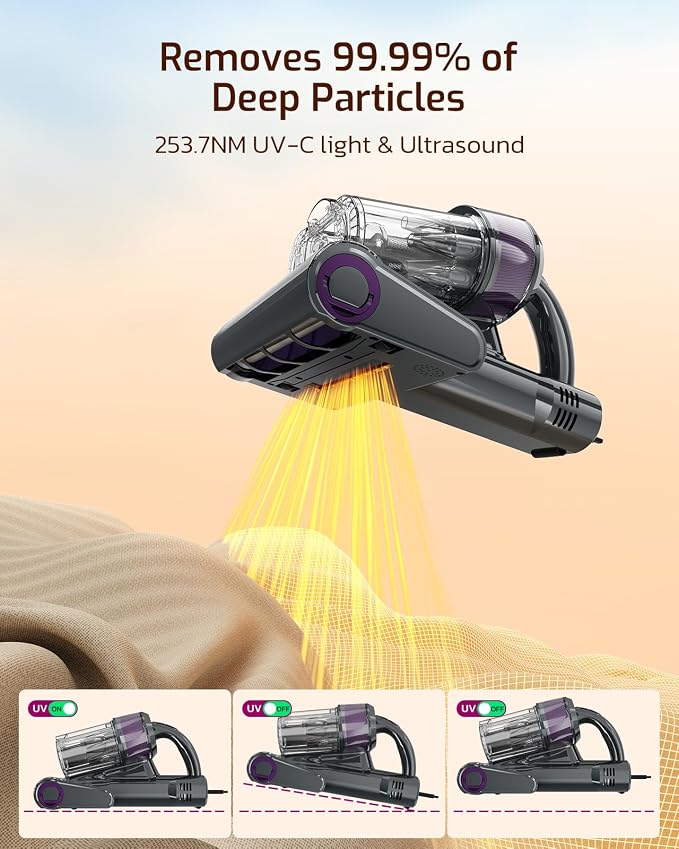 LED Display Mattress Vacuum Cleaner, 18Kpa Bed Vacuum Cleaner with 253.7nm UV-C Light, HEPA Filter & Ultrasoni, 149℉ Heat, Triple-Cup Versatile Handheld Vacuums for Pet Hair Fine Dust, Dark Gray