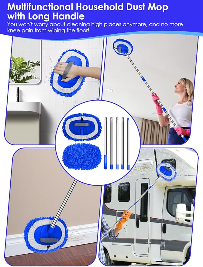 2 in 1 Lightweight Wall Cleaner Mop with Long Handle 75" 190cm Lint-Free Duster Cleaning Tool 2 Replacement Microfiber Chenille Pads for Kitchen Baseboard Ceiling Floor Window Door Scrubber Brush,Blue