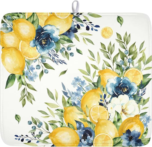 Blue Floral Camellia Lemon Dish Drying Mat 16x18 Inch | Polyester，Absorbent Microfiber，for Kitchen Coffee Dining Bar Decor